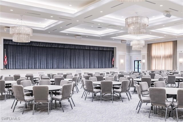 carpeted dining space with a notable chandelier