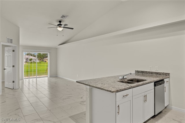 kitchen featuring dishwasher, sink, high vaulted ceiling, white cabinetry, and ceiling fan