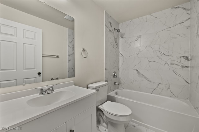 full bathroom featuring tiled shower / bath combo, vanity, and toilet