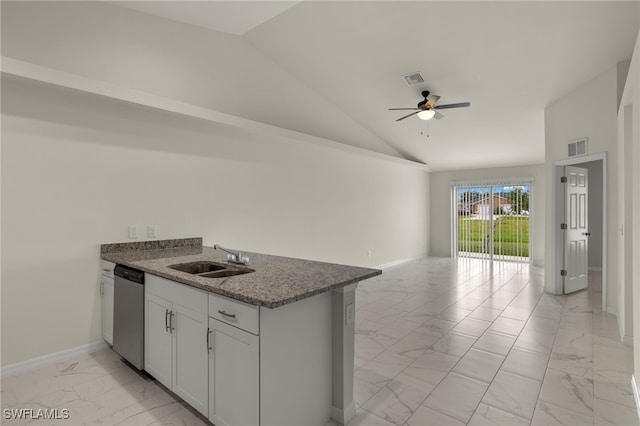 kitchen featuring white cabinets, dishwasher, ceiling fan, sink, and high vaulted ceiling