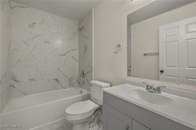 full bath featuring marble finish floor, shower / washtub combination, vanity, and toilet