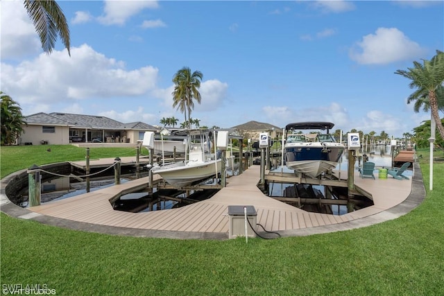 view of dock featuring a water view and a yard