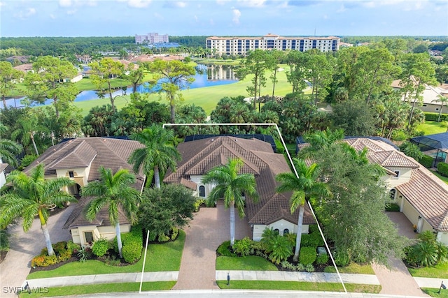 aerial view featuring a water view