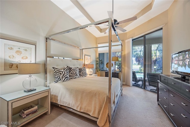 carpeted bedroom with a high ceiling, beam ceiling, ceiling fan, and access to exterior