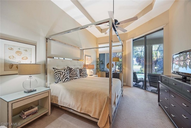 7721 Classics Dr, Naples, FL 34113 - bedroom featuring carpet flooring, a ceiling fan, access to exterior, and lofted ceiling