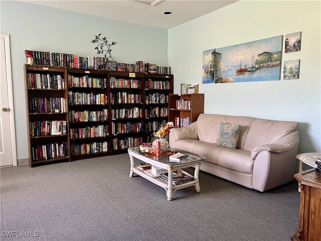 living area featuring dark carpet