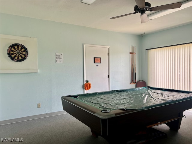 recreation room featuring pool table, carpet flooring, and ceiling fan