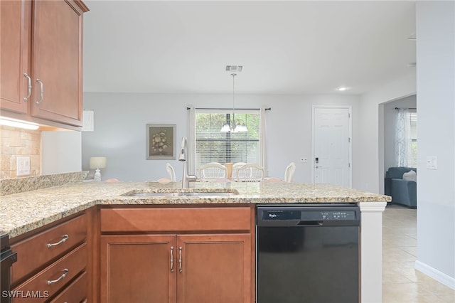 kitchen featuring backsplash, light stone counters, sink, black dishwasher, and kitchen peninsula