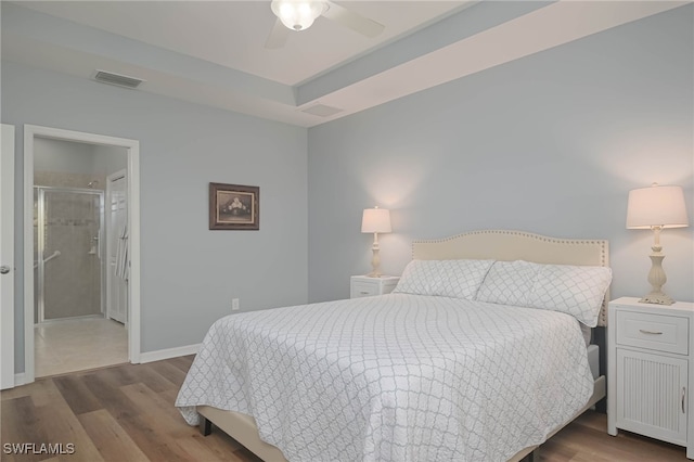 bedroom with ceiling fan, wood-type flooring, and ensuite bathroom