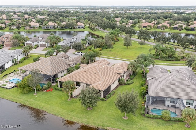 drone / aerial view featuring a water view