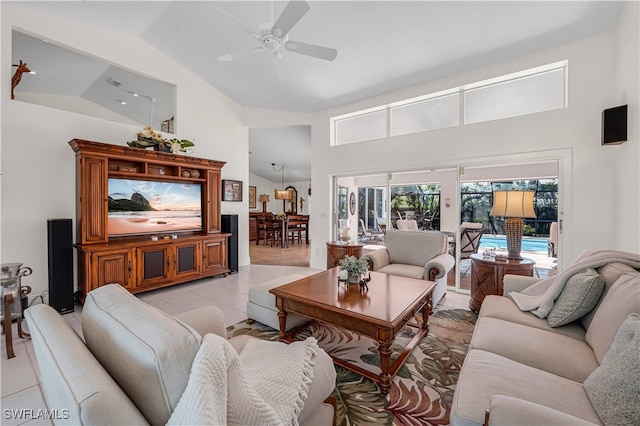 living room with high vaulted ceiling, light tile patterned floors, and ceiling fan