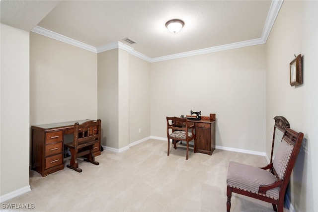 home office featuring crown molding and light carpet