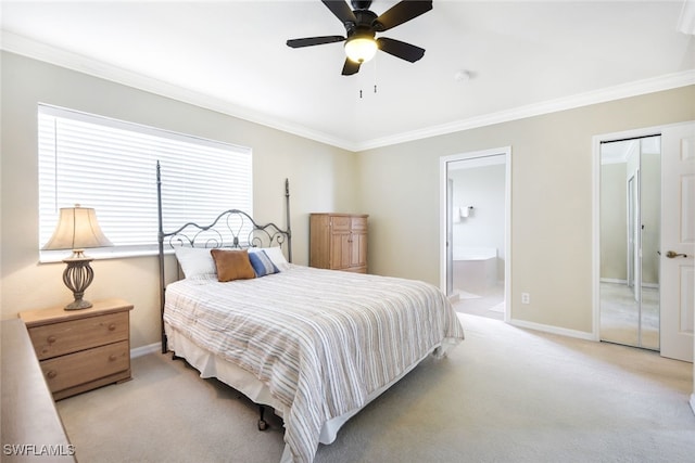 carpeted bedroom featuring ceiling fan, connected bathroom, and crown molding