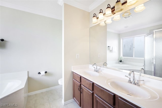 full bathroom with independent shower and bath, toilet, crown molding, and vanity