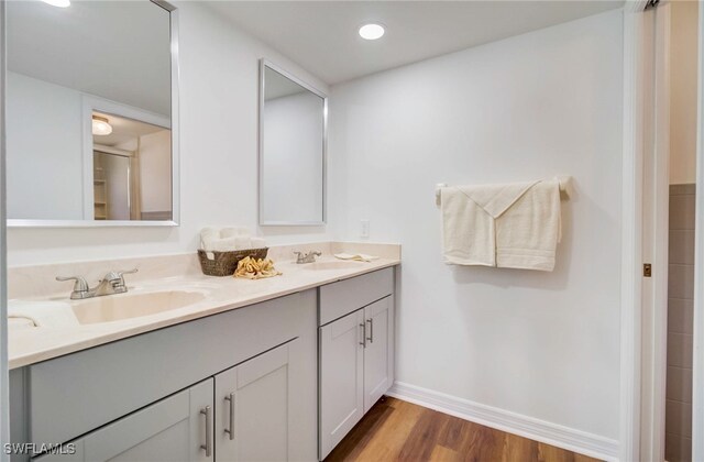 bathroom with wood-type flooring and vanity