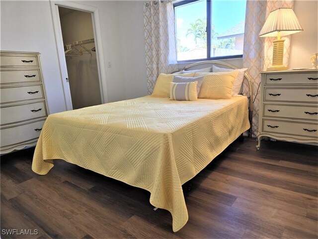 bedroom featuring a closet, a walk in closet, and dark hardwood / wood-style floors