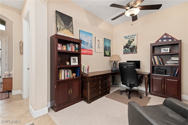 office space with ceiling fan and light tile patterned floors