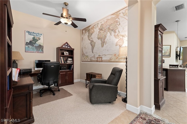 office area featuring ceiling fan and light tile patterned floors