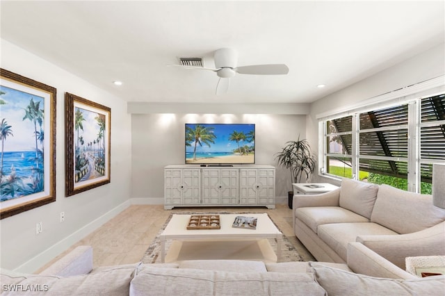 living area with visible vents, baseboards, a ceiling fan, and recessed lighting