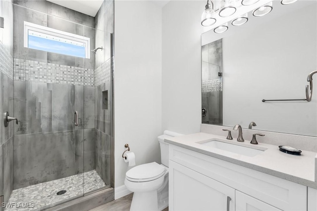 bathroom with toilet, a shower stall, and vanity