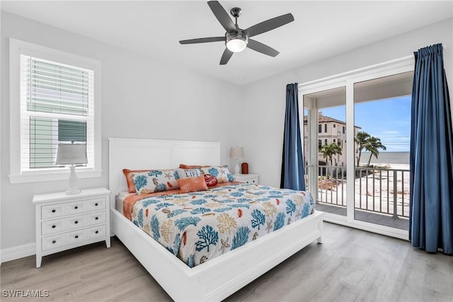 bedroom with ceiling fan, access to outside, light wood-style flooring, and baseboards