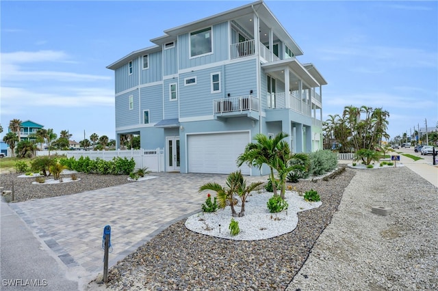 raised beach house featuring a garage and a balcony