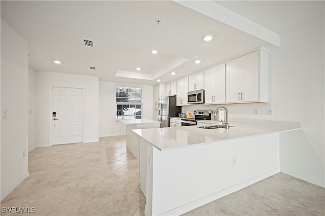 kitchen featuring white cabinetry, stainless steel appliances, sink, and kitchen peninsula