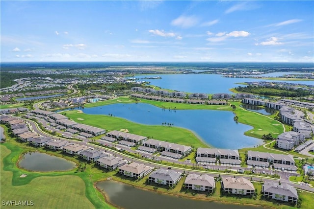 bird's eye view featuring a water view, a residential view, and golf course view