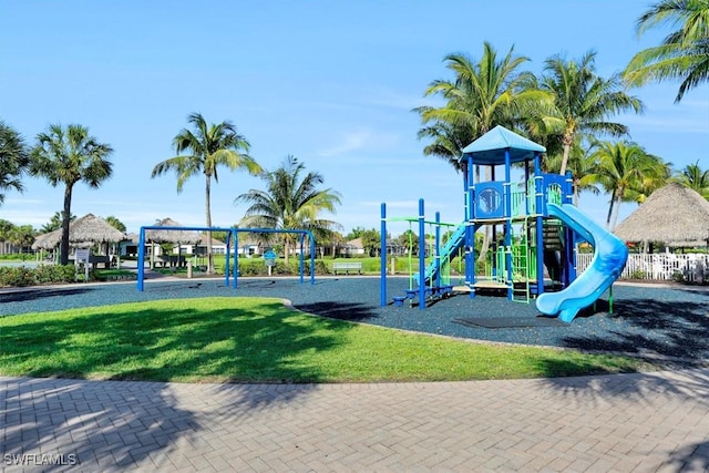 view of jungle gym with a yard