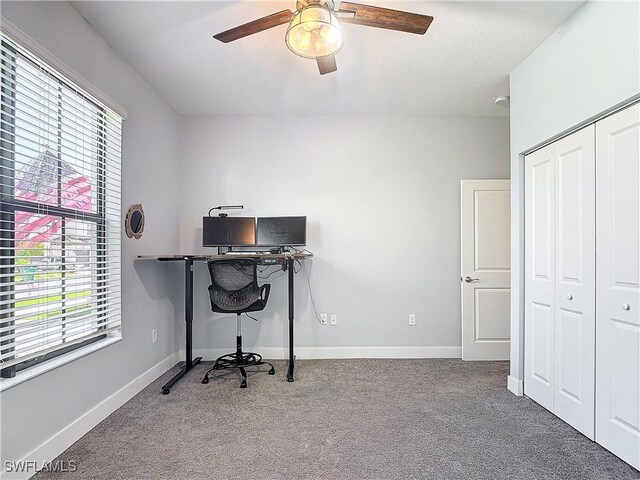 office space featuring ceiling fan and carpet flooring