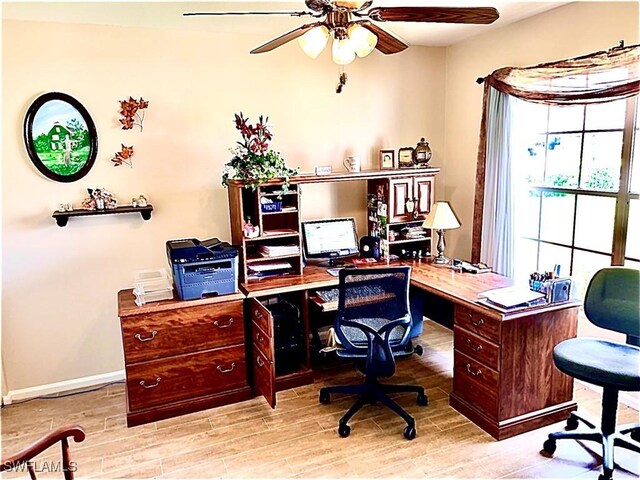 office area featuring light wood-type flooring and ceiling fan