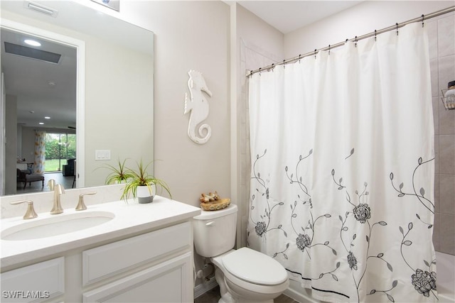 full bath with toilet, vanity, visible vents, and shower / bathtub combination with curtain