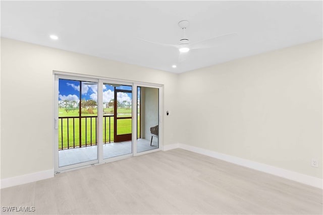 spare room with a ceiling fan, light wood-type flooring, baseboards, and recessed lighting