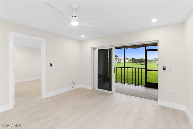 empty room with recessed lighting, ceiling fan, light wood-style flooring, and baseboards