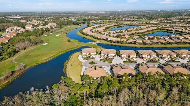 bird's eye view featuring view of golf course, a water view, and a residential view