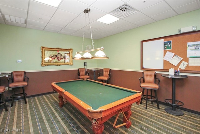 recreation room with dark colored carpet, a drop ceiling, and pool table