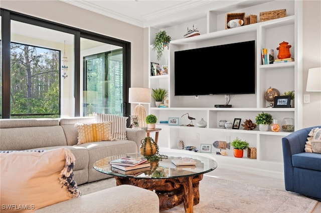 living room featuring built in features and crown molding