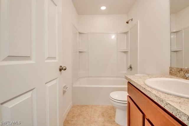 full bathroom featuring tile patterned flooring, toilet,  shower combination, and vanity