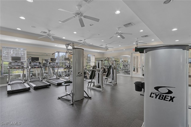 exercise room featuring ornamental molding and a healthy amount of sunlight