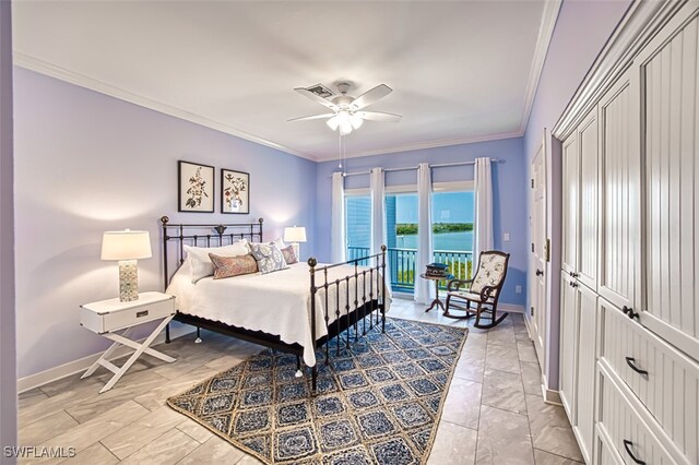 bedroom with a water view, ceiling fan, access to exterior, and ornamental molding