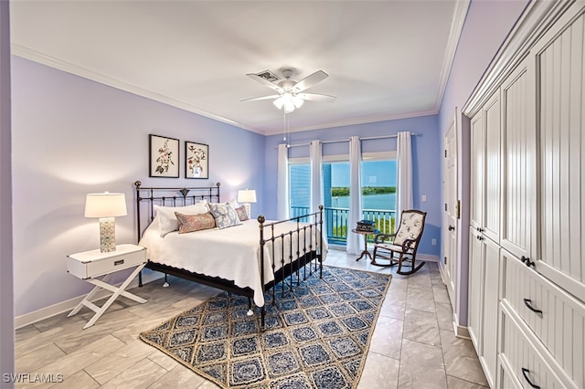 bedroom with ornamental molding, access to outside, marble finish floor, and baseboards