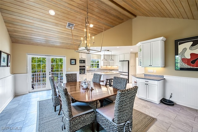 dining area featuring wooden ceiling, french doors, wainscoting, and visible vents