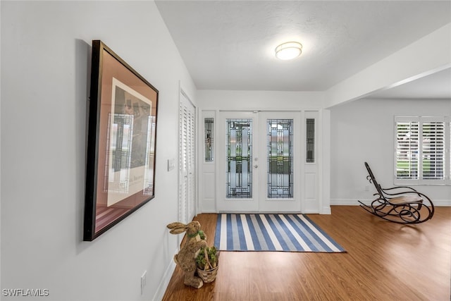 foyer entrance featuring french doors and wood-type flooring