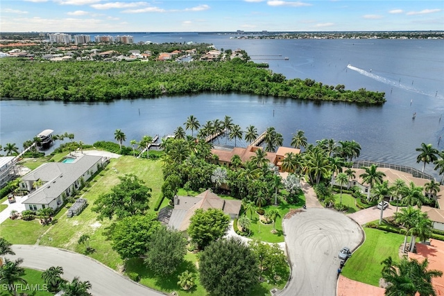 birds eye view of property featuring a water view