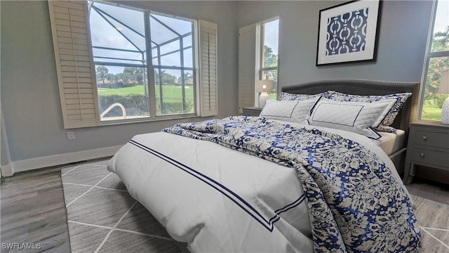 bedroom featuring multiple windows and dark hardwood / wood-style floors