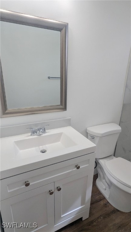 bathroom featuring vanity, toilet, and hardwood / wood-style flooring