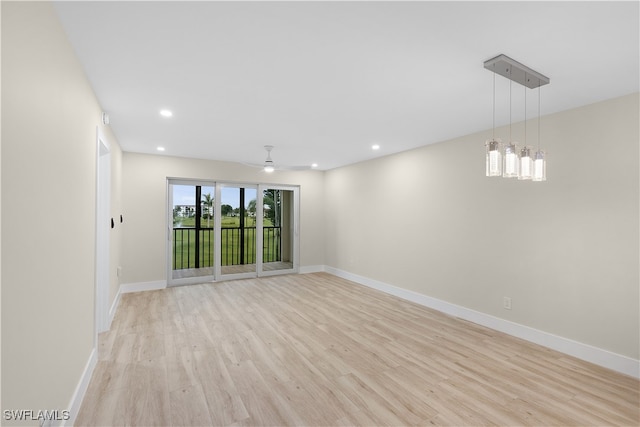 unfurnished room with light wood-style floors, ceiling fan, baseboards, and recessed lighting