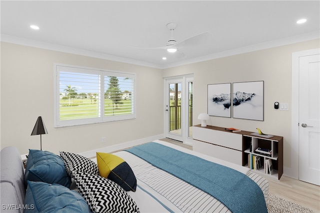 bedroom with light wood-style floors, access to outside, and ornamental molding