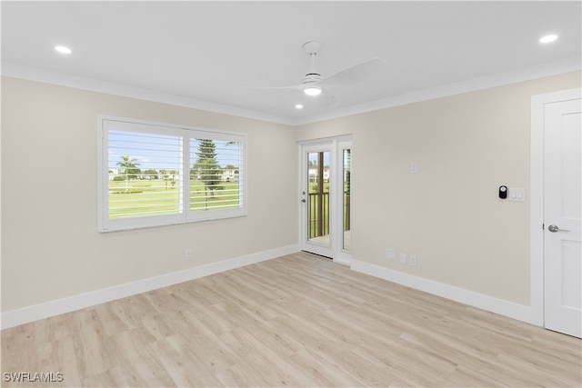 unfurnished room featuring ceiling fan, ornamental molding, light wood-style floors, and baseboards