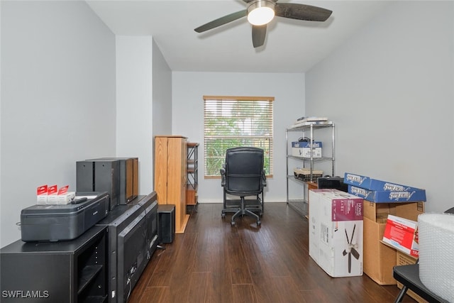 office featuring dark wood-type flooring and ceiling fan